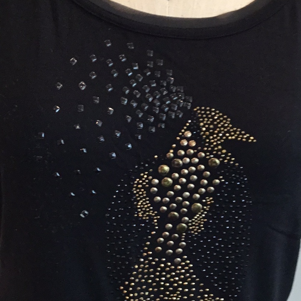 OLSEN Europe Black Crystal Peacock Embellished Blouse Sheer Sleeve M - Picture 7 of 16